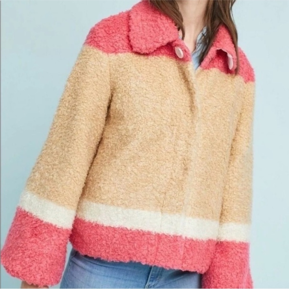 Anthropologie Women’s Color block Sherpa Jacket Teddy Coat Pink Beige